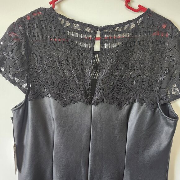 Kensie NWT Women's Black Lace-Trim Faux-Leather Shift Dress Size 10 - Picture 5 of 14